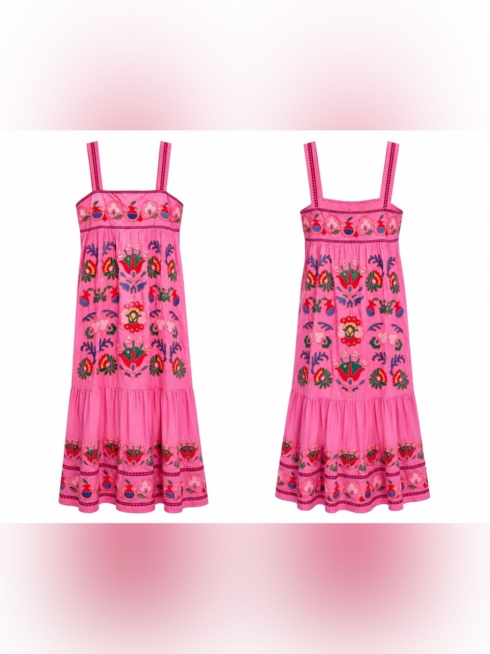 Embroidered 100% cotton Pink Sundress with Floral Motif